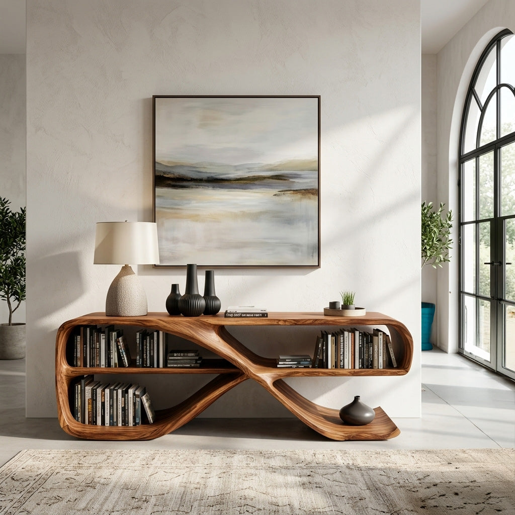 Modern Organic Wave Console Table in Solid Wood with Open Shelves