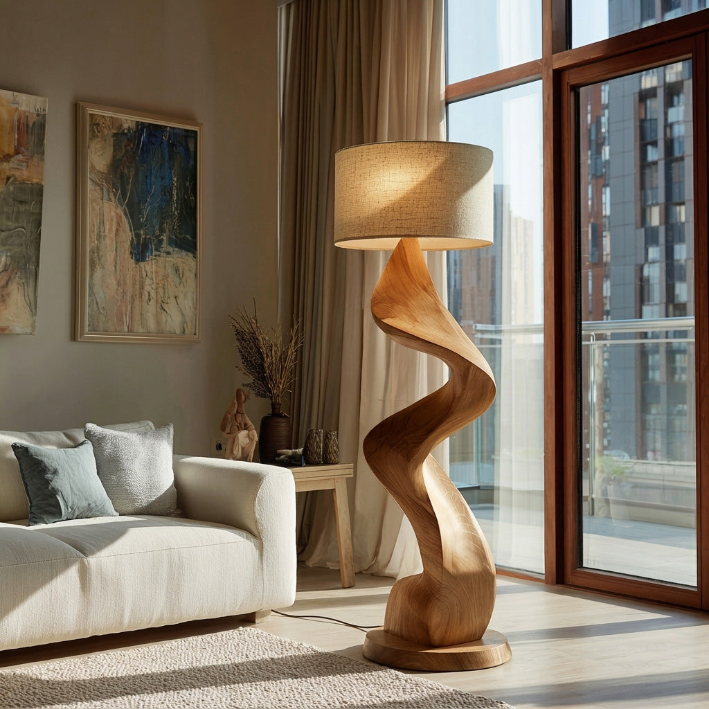 Sculptural Twisted Solid Wood Floor Lamp with Fabric Shade