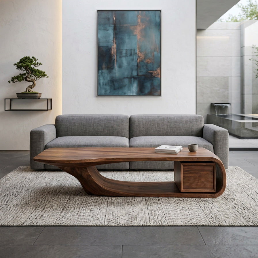 Modern Sculptural Wood Coffee Table with Curved Silhouette