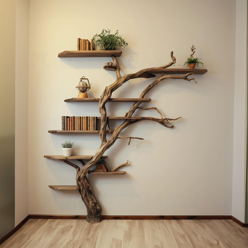Narrow Corner Tree Branch Wall Shelf in Dark Brown, 84 in Tall