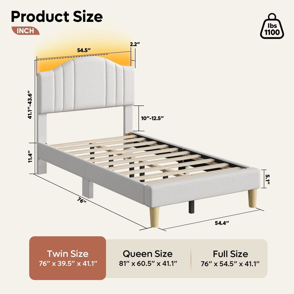 Pinmoco Twin Upholstered Bed Frame with Adjustable Arc-shaped Headboard, LED Platform Bed, Fabric Beige