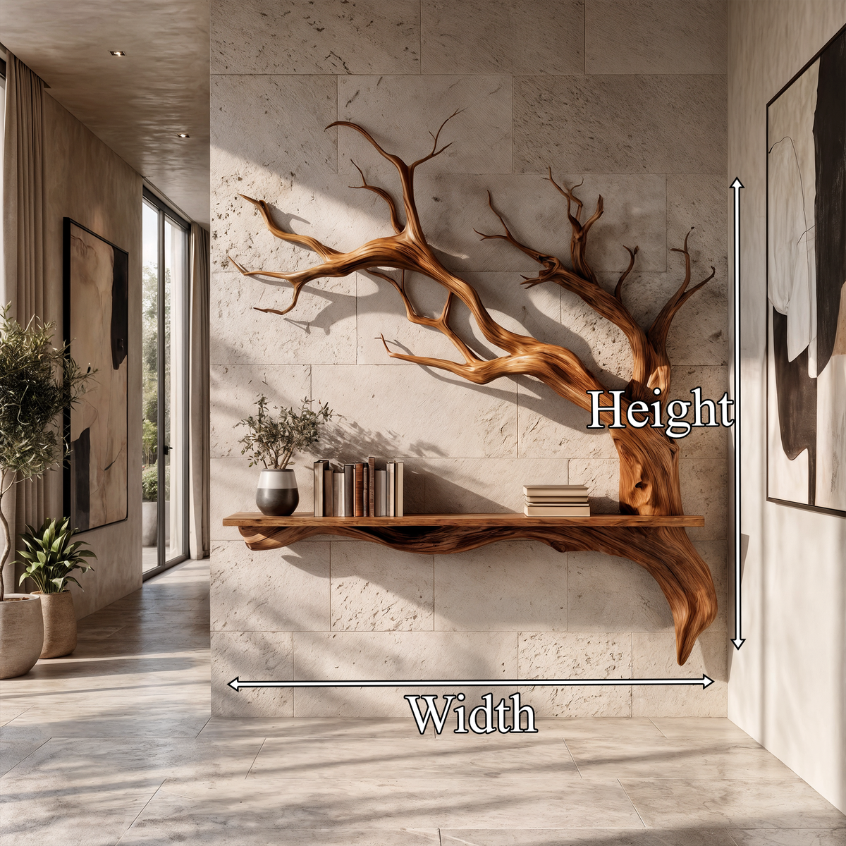 Rustic Solid Wood Slab Wall Shelf with Tree Branch Accent - view 8