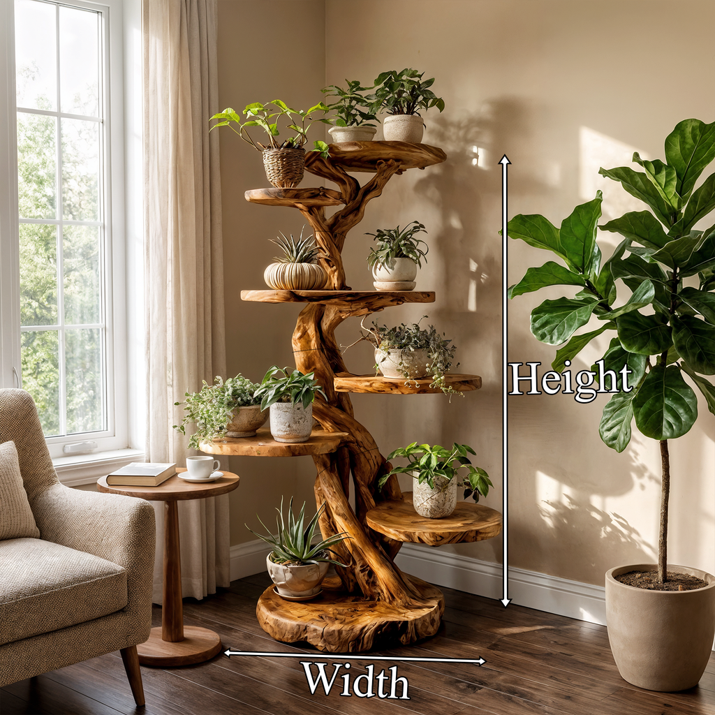 Rustic Solid Wood Tree Plant Shelf with Branch Display Surfaces - view 8