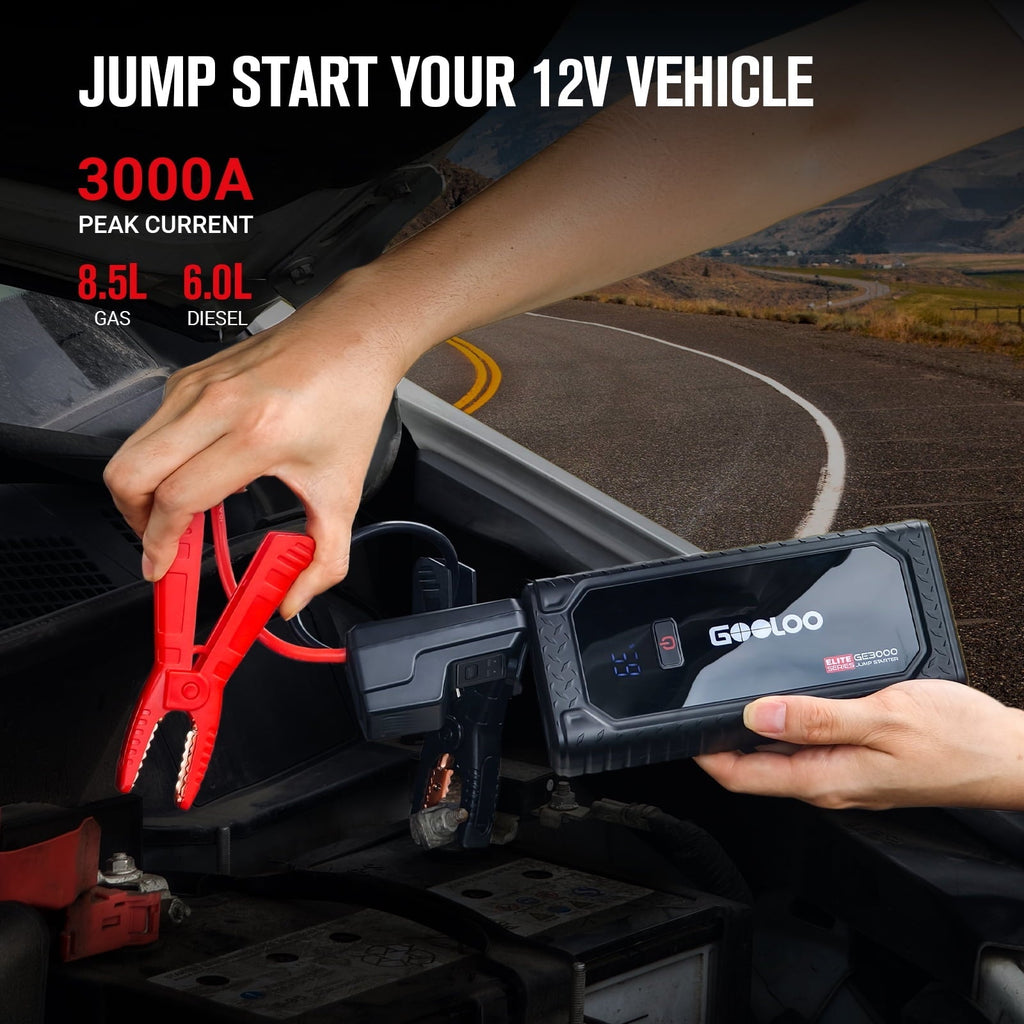 GOOLOO GE3000 Car Jump Starter, 3000A Portable Jump Box & Battery Booster with Smart Jumper Cables, 12V Jump Starter for Up to 8.5L Gas/6.0L Diesel