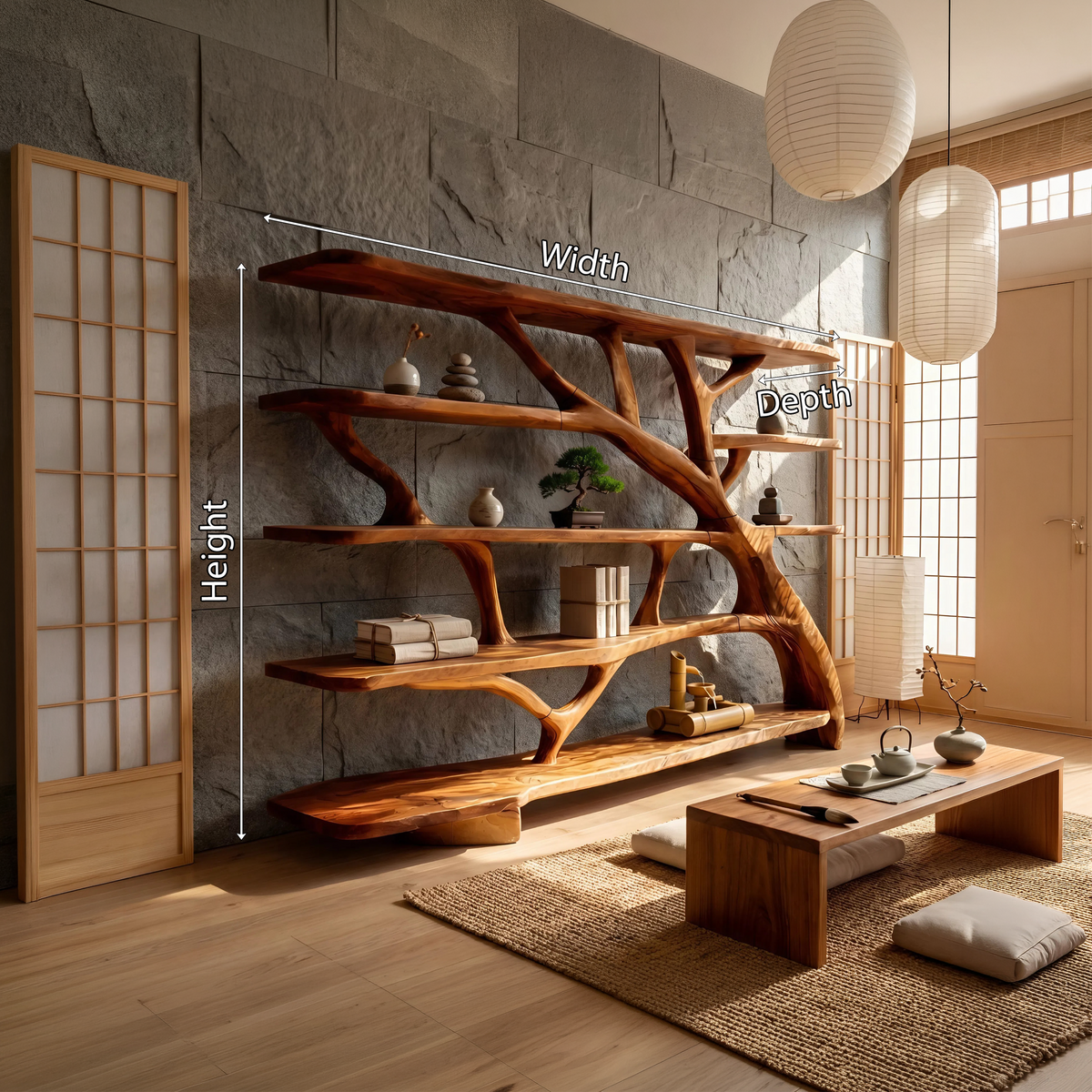 Wavy Sculptural Solid Wood Bookcase with Asymmetrical Shelves - view 8