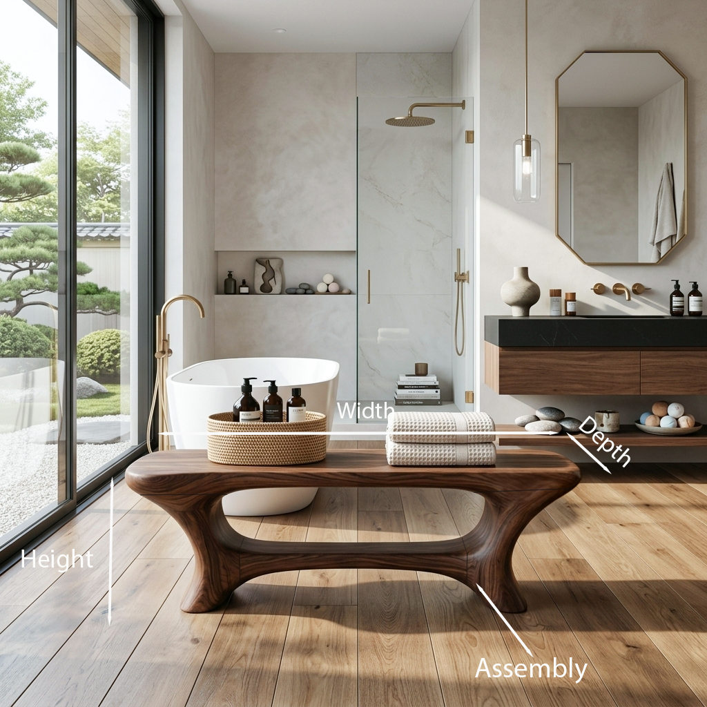 Sculpted Solid Wood Bathroom Bench with Center Shelf - view 8