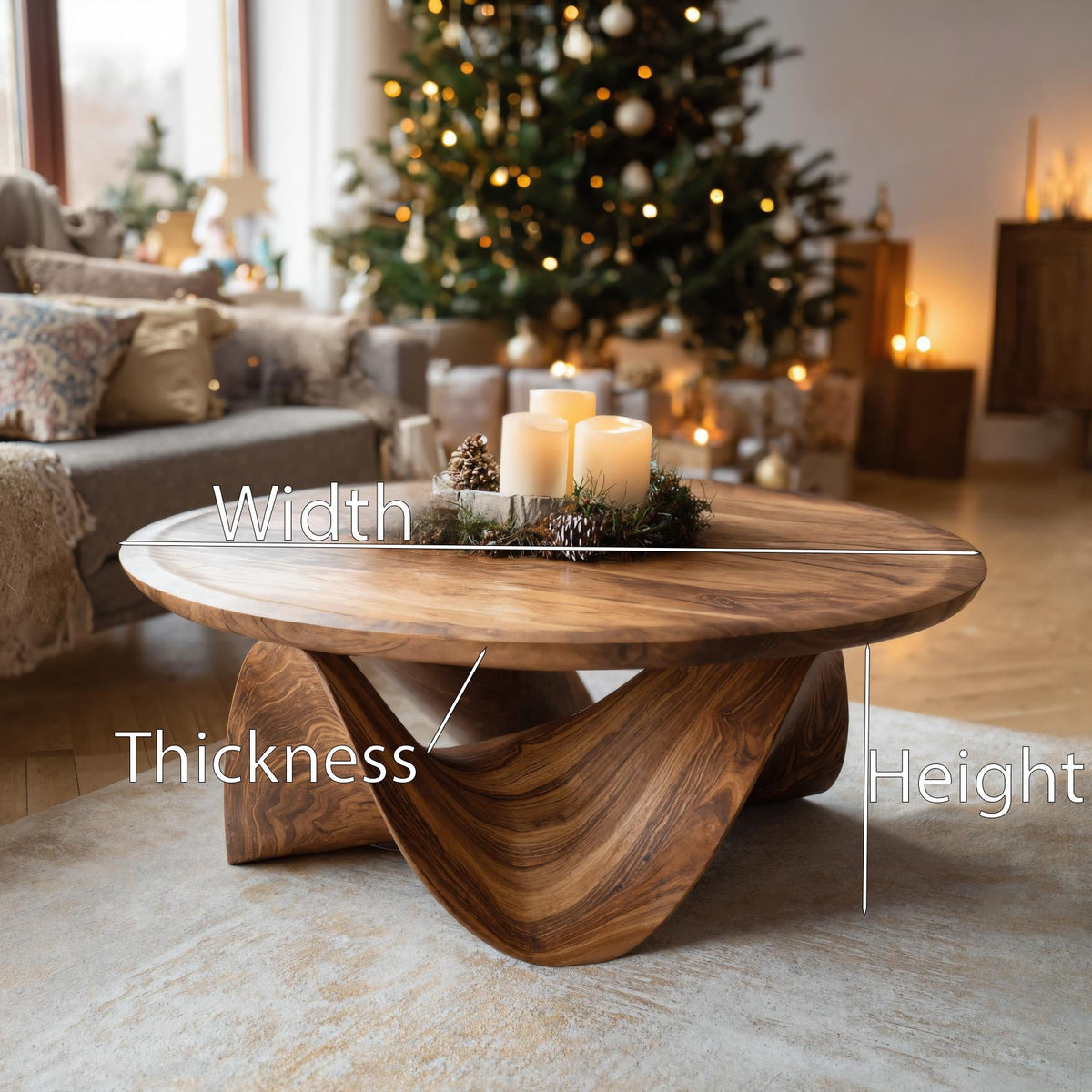Solid Wood Round Coffee Table with Sculptural Curved Base - view 8