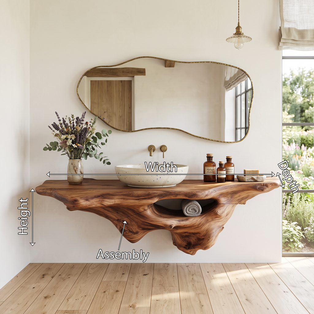 Solid Oak Live Edge Wall-Hung Bathroom Vanity Shelf, Farmhouse - view 8