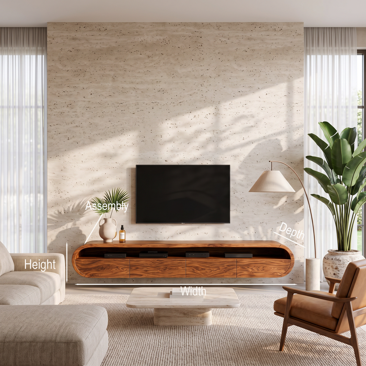 Modern Floating Solid Wood TV Console with Rounded Contours - view 8