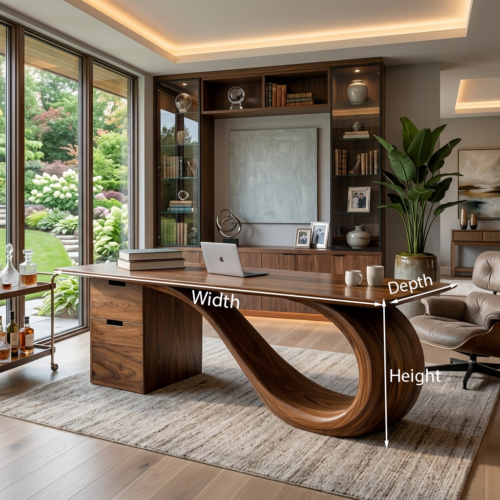 Modern Solid Wood Desk with Curved Sculptural Base and Drawers - view 8