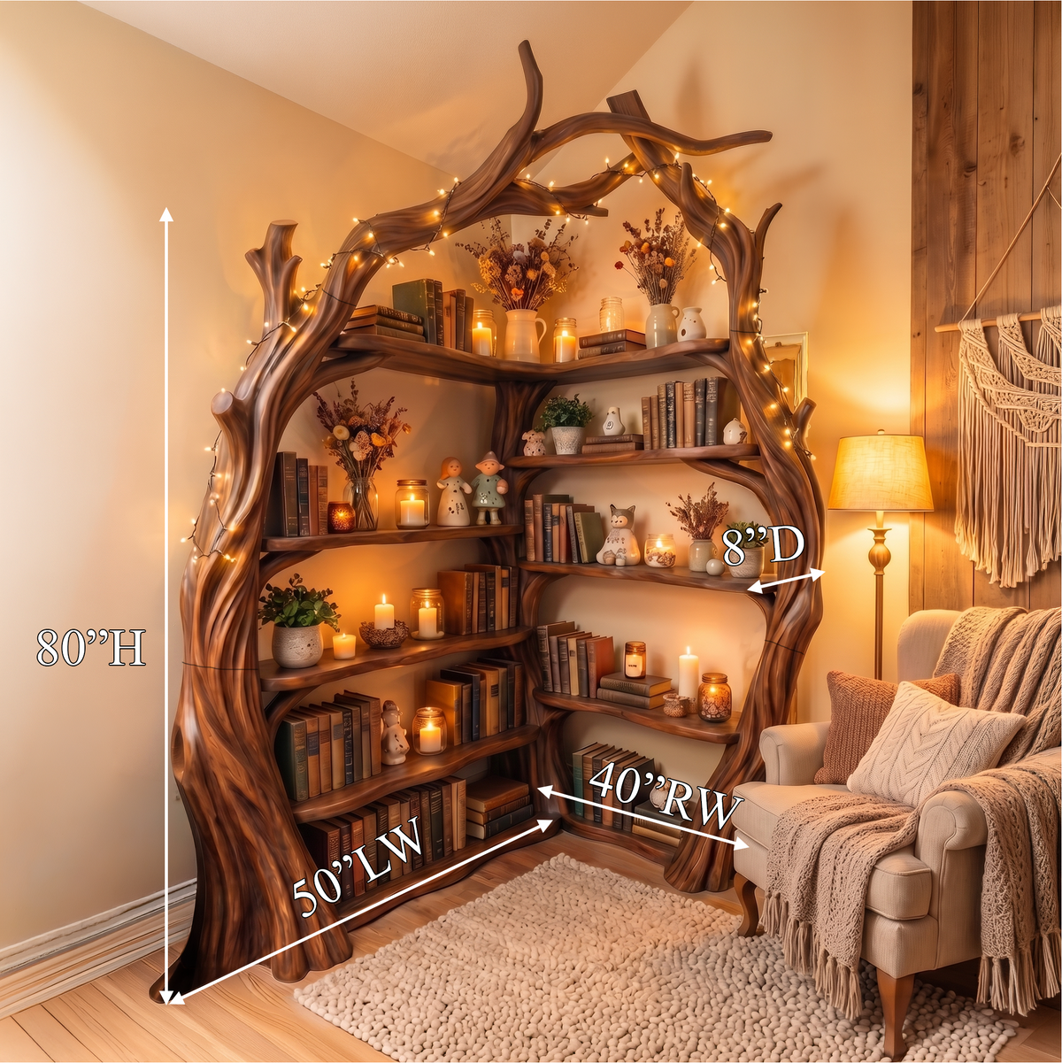 Tree Branch Corner Bookshelf in Solid Wood, Tall Display Shelf - view 8