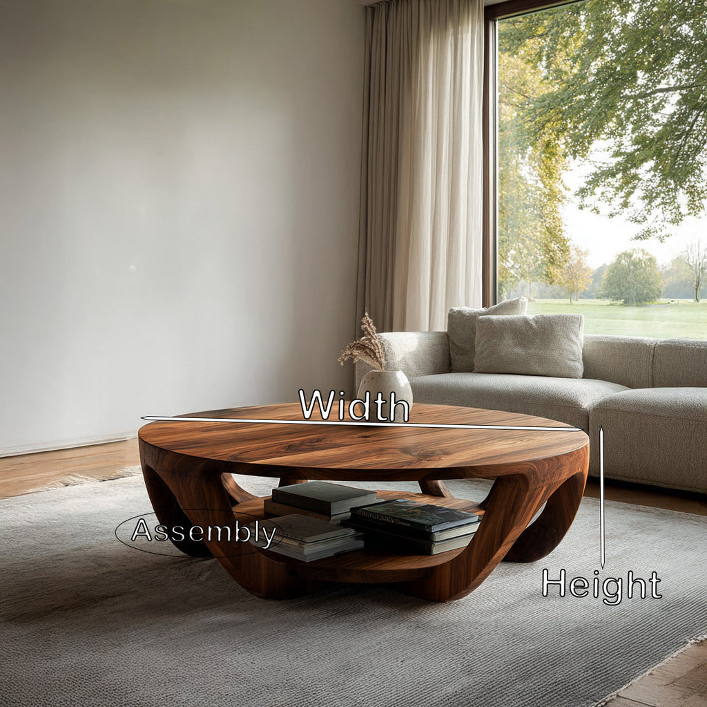 Round Solid Wood Coffee Table with Open Shelf Base - view 2