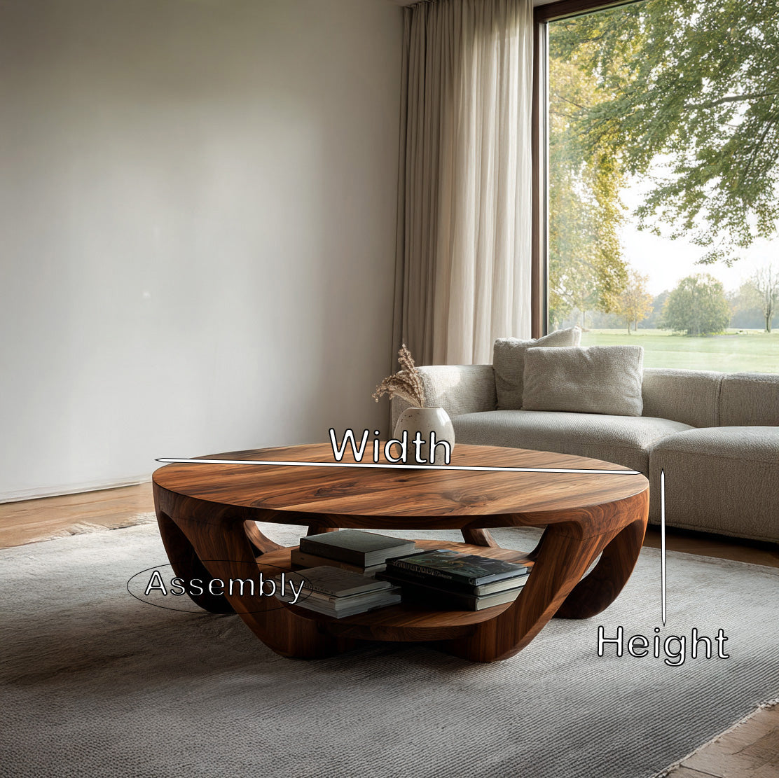 Round Solid Wood Coffee Table with Open Shelf Base - view 2