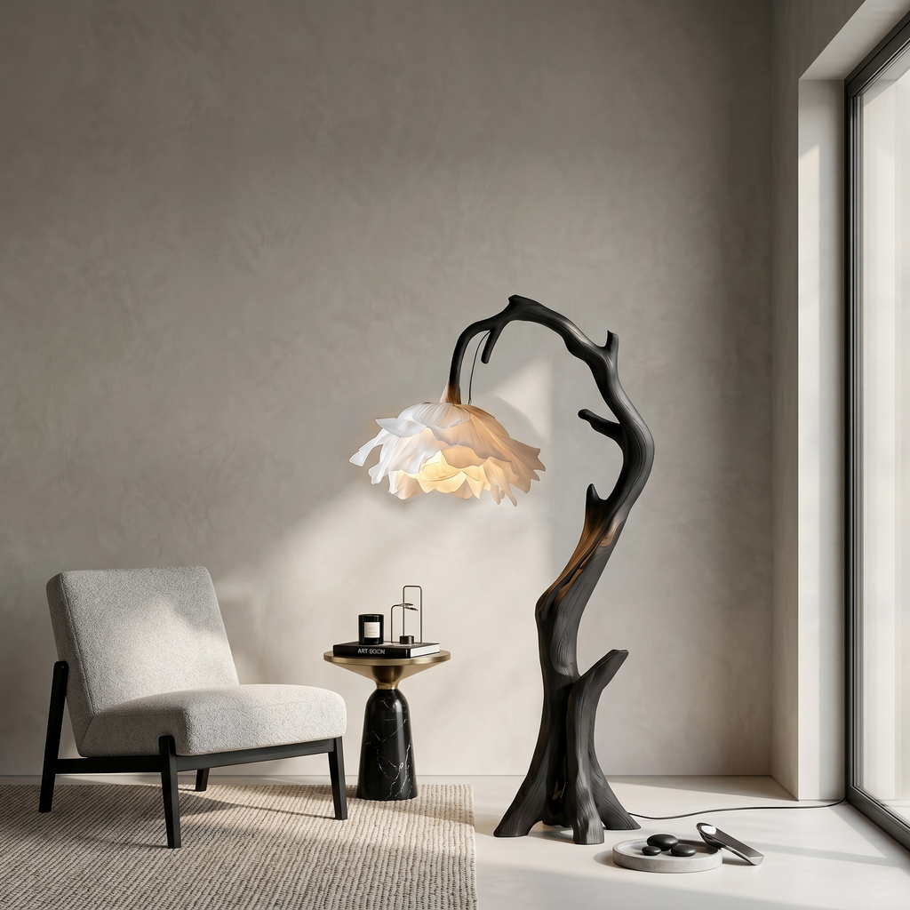 Flower Floor Lamp with Handcrafted Solid Wood Base in Black finish