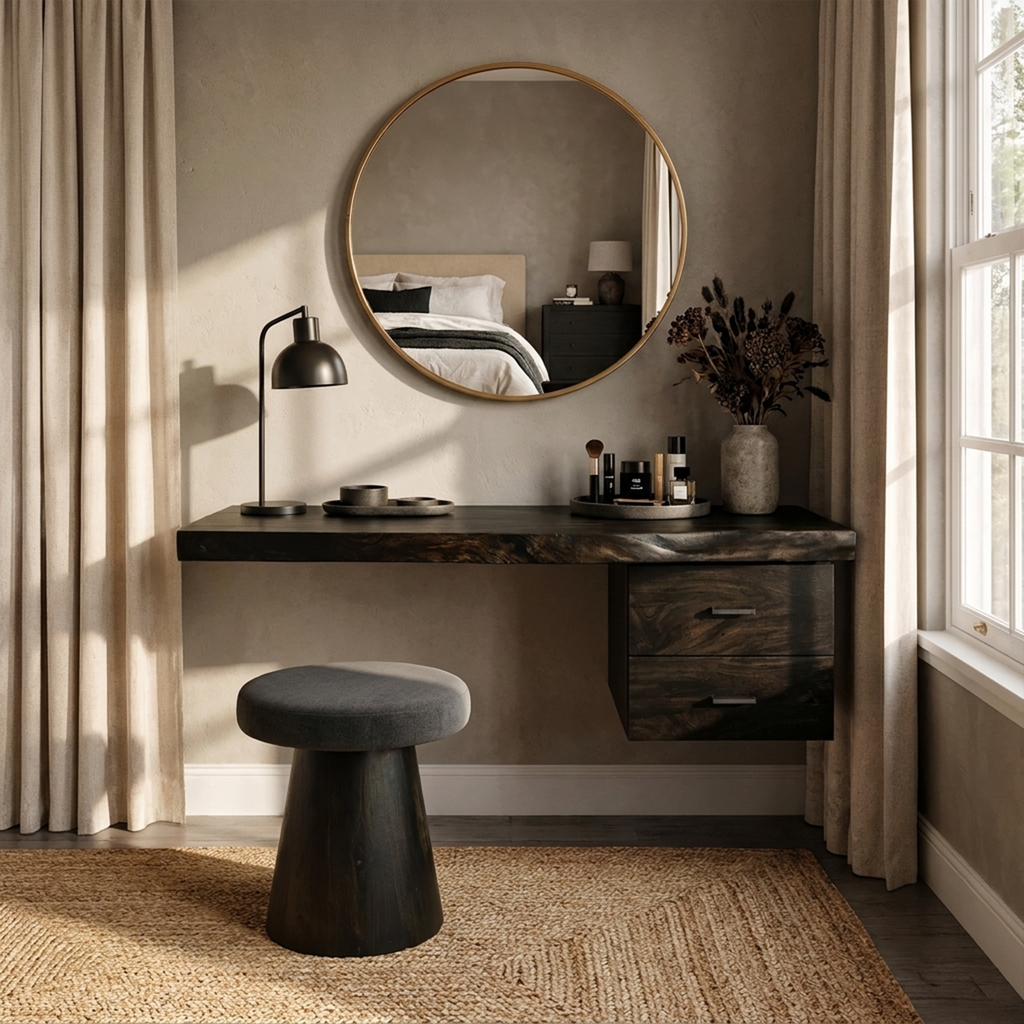 Floating Solid Wood Dressing Table with Drawer for Bedroom in Black finish