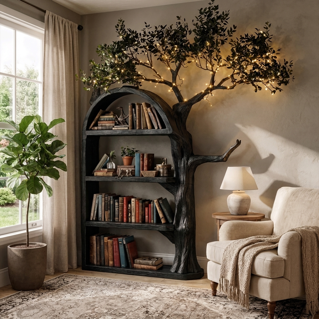 Rustic Tree Branch Wall Bookshelf with Hidden Brackets in Black finish