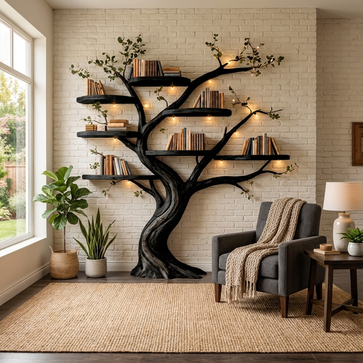 Tree Branch Floating Bookshelf Wall Display for Living Room in Black finish