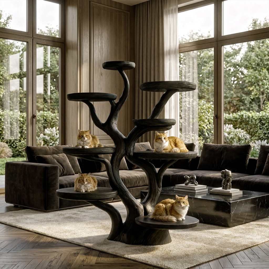 Rustic Solid Wood Cat Tree with Curved Trunk and Tiered Platforms in Black finish