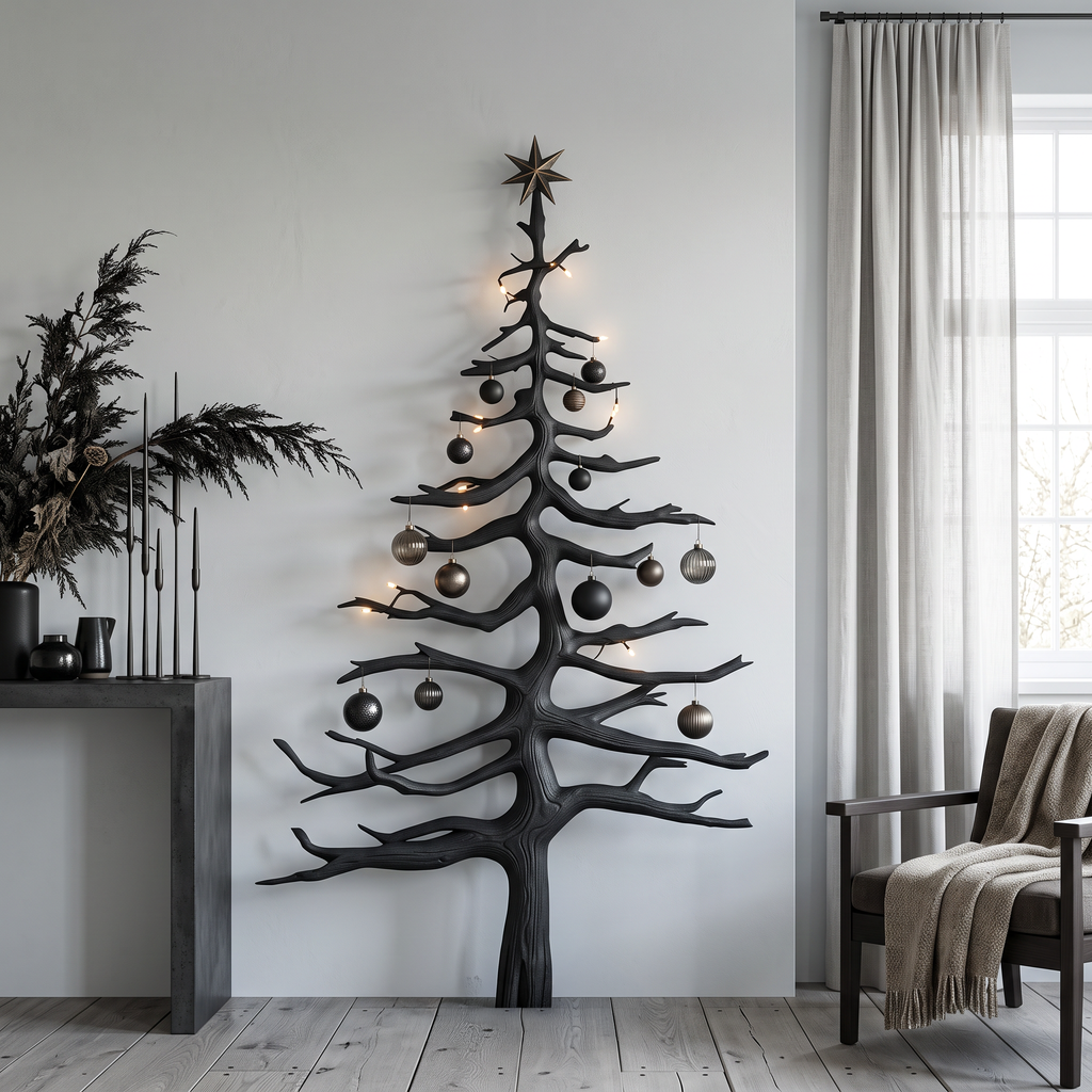 Rustic Pine Tree Wall Shelf with Carved Wood Branches in Black finish