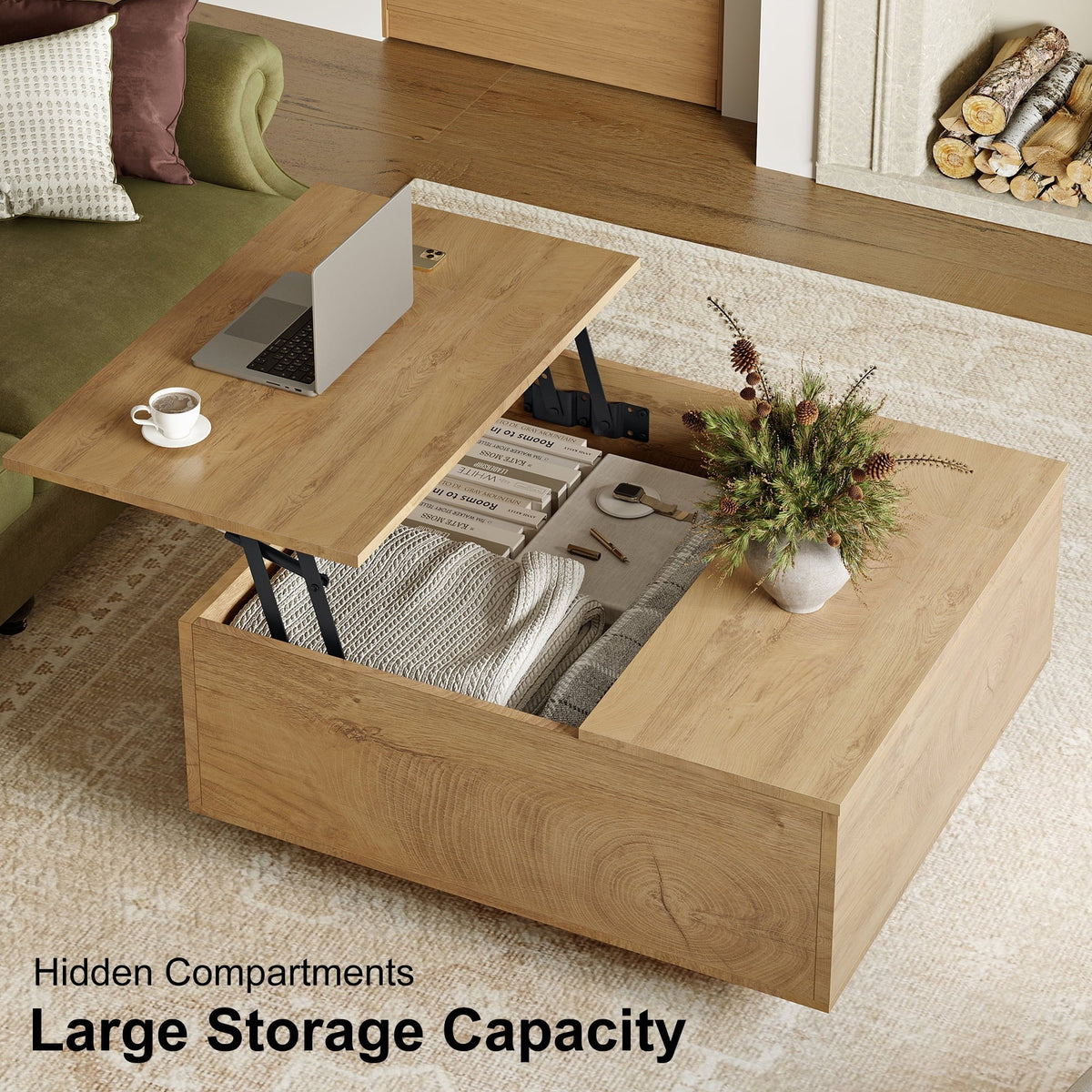 GUNAITO Lift Top Coffee Table with Storage, Square Coffee Table and Modern Farmhouse Center Table for Living Room, Natural wood color