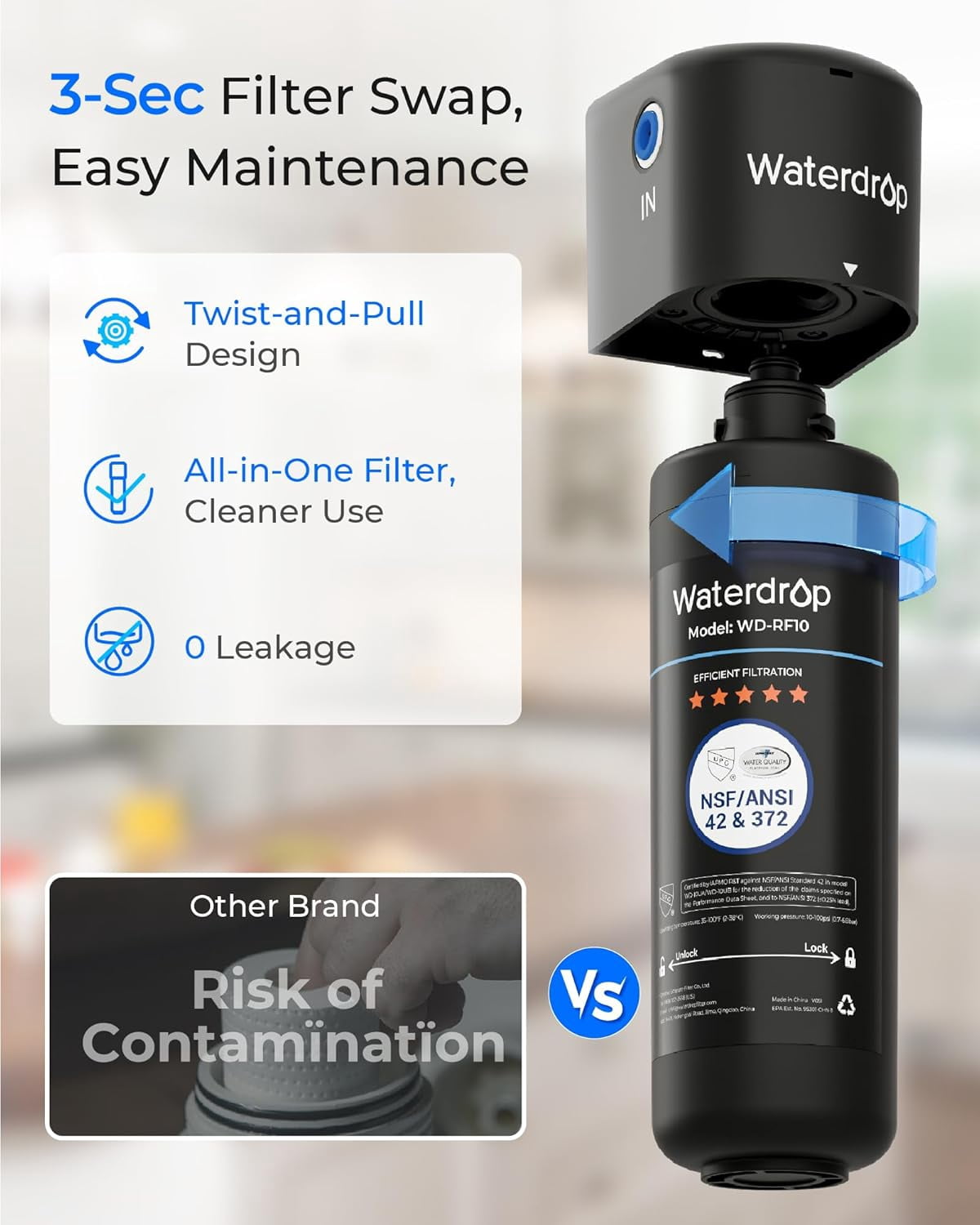 Waterdrop 10UA Under Sink Water Filter System, 8K Gallons High Chlorine Reduction Water Filtration System,Bad Taste & Odor, Under Counter Direct