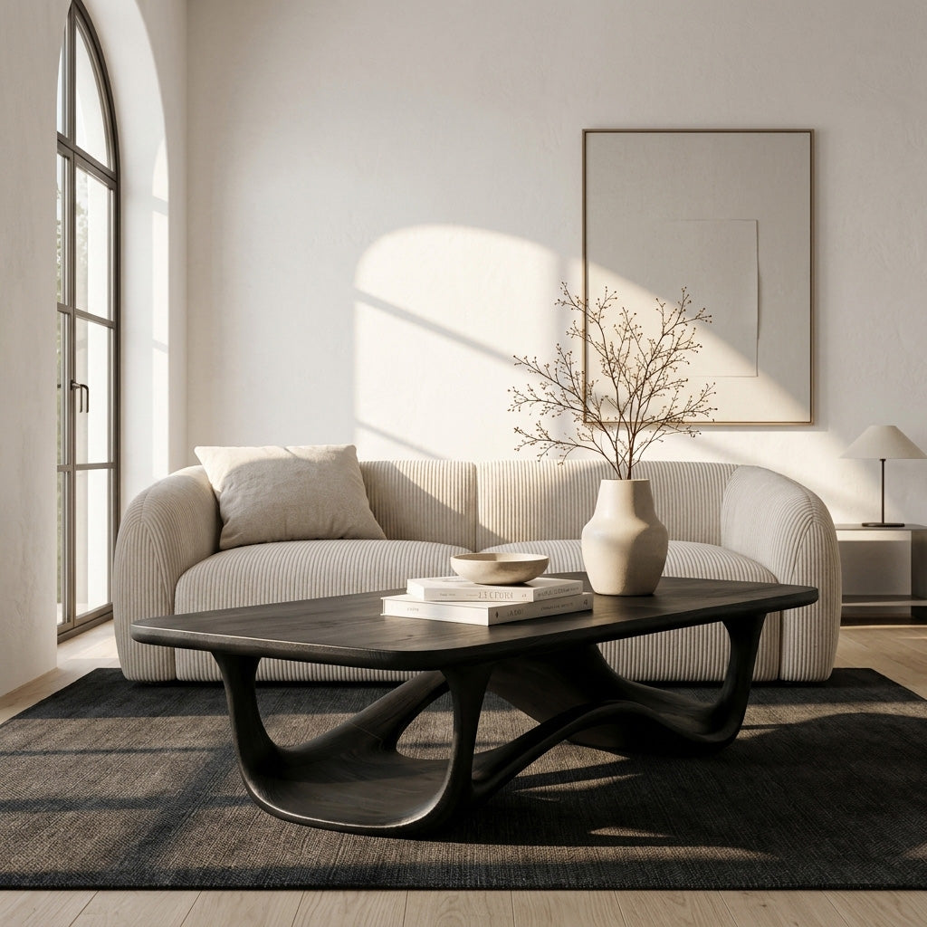 Sculptural Solid Wood Coffee Table with Curved Open Base in Black finish