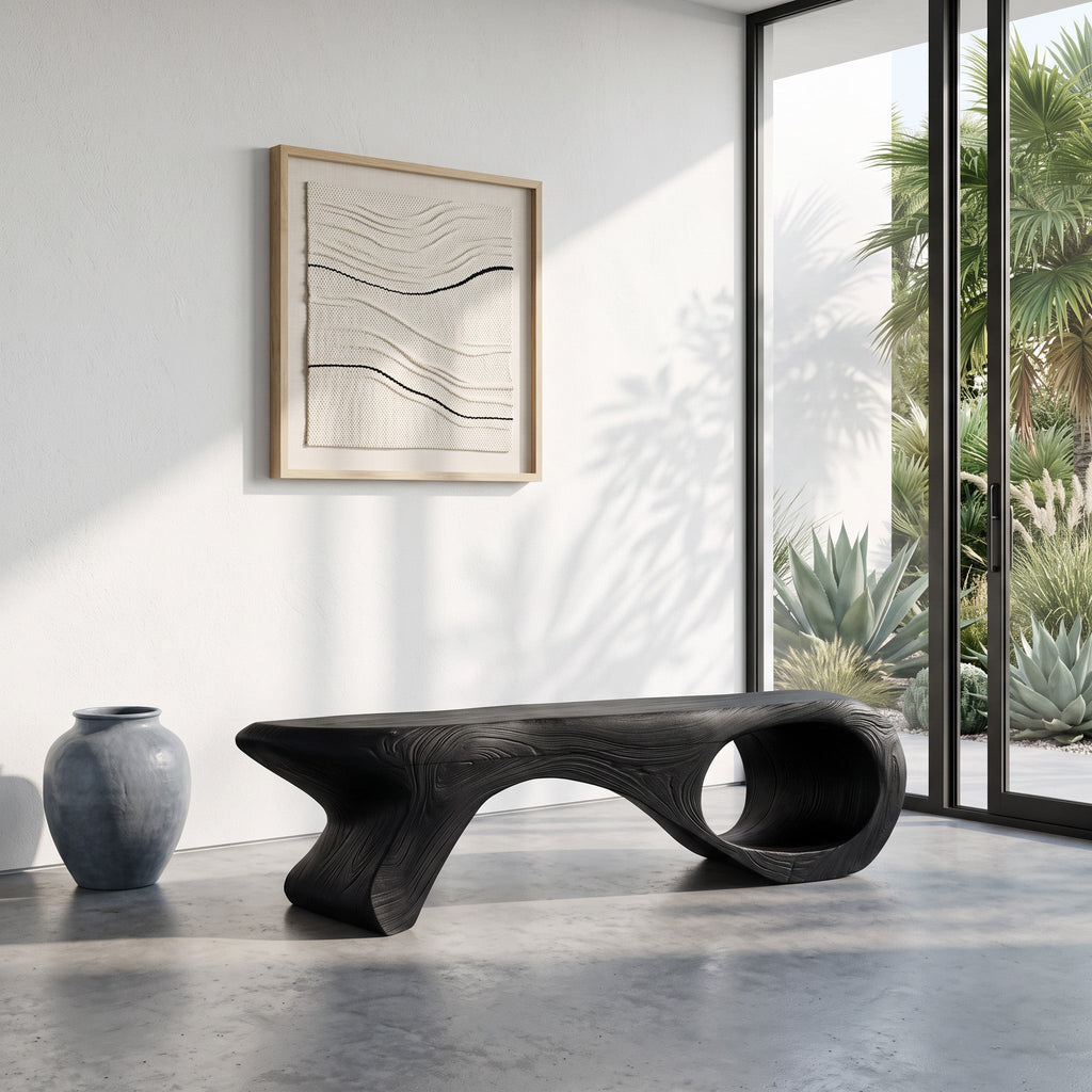 Sculptural Solid Wood Entryway Bench with Carved Curves in Black finish