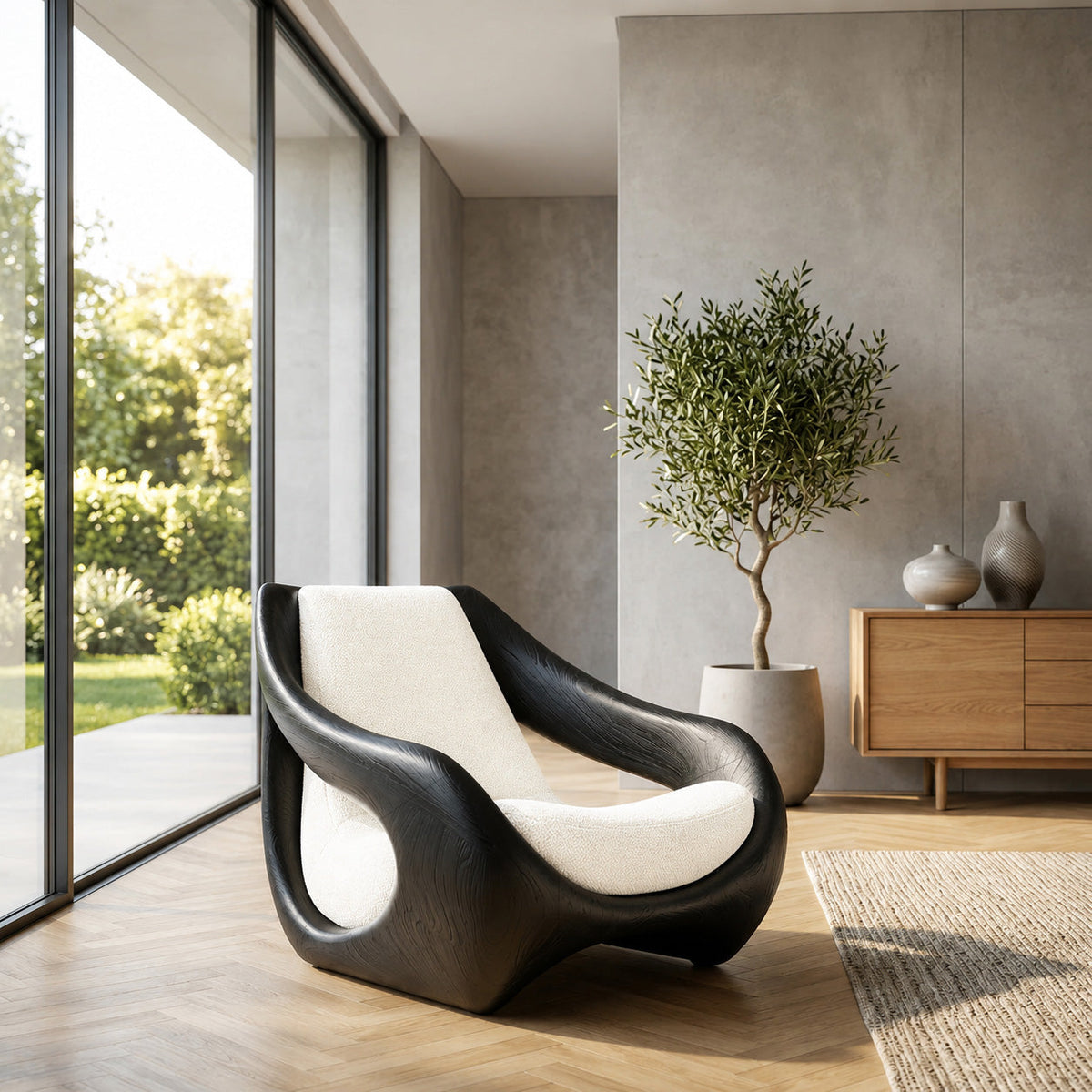 Sculptural Carved Solid Wood Accent Chair with Fluid Form in Black finish
