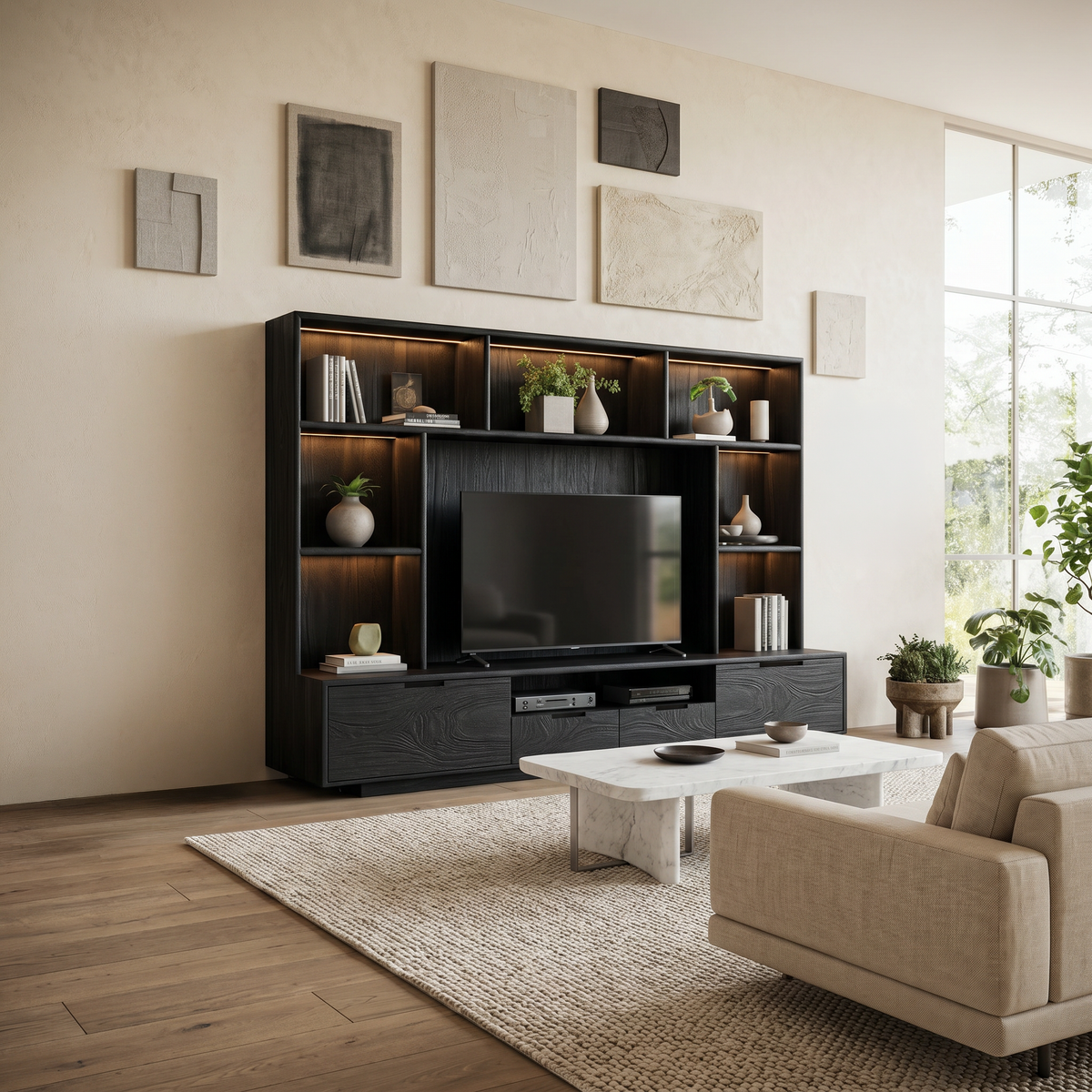 Solid Wood TV Wall Unit with LED Lit Shelves and Cabinets in Black finish