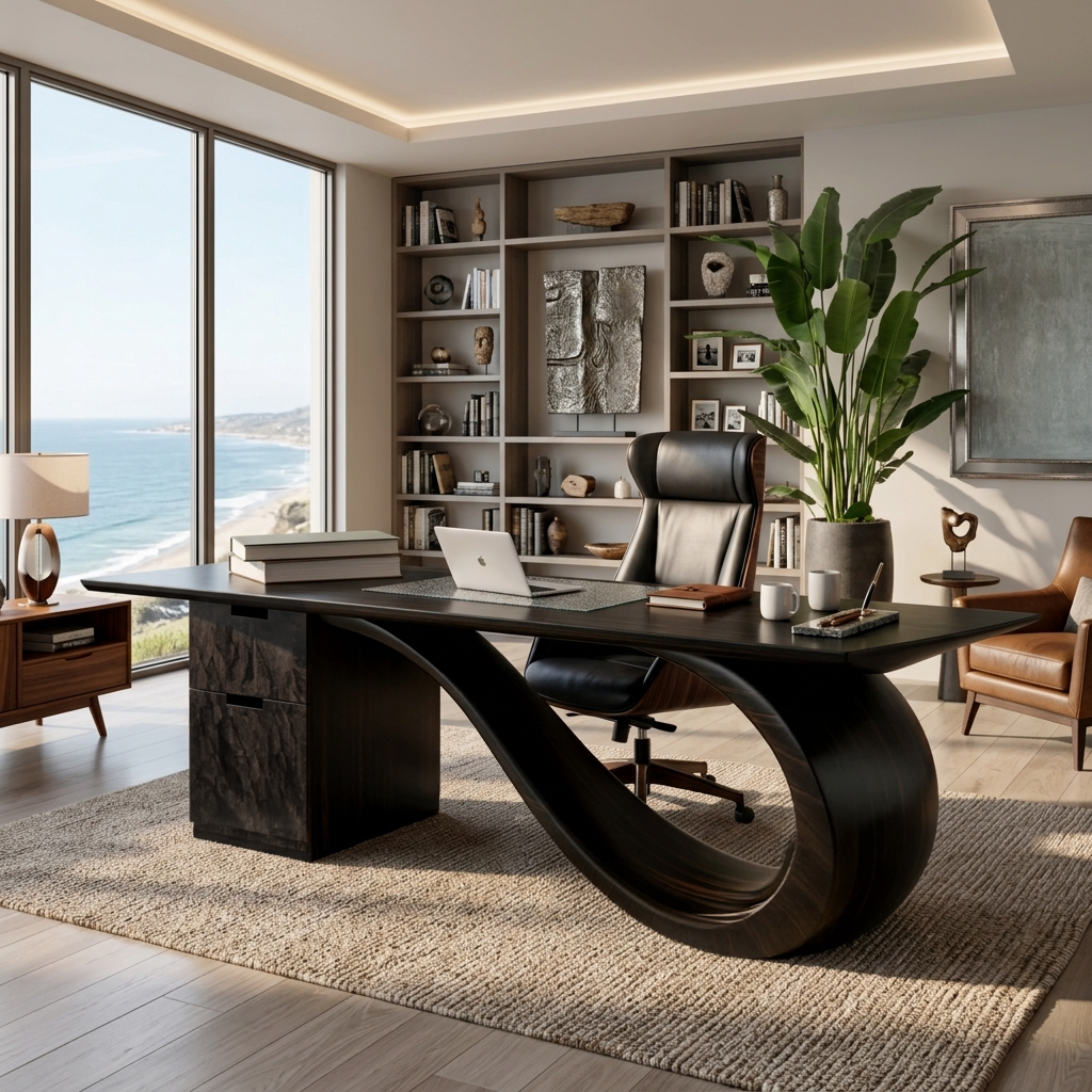 Modern Solid Wood Desk with Curved Sculptural Base and Drawers in Black finish