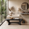 Sculpted Solid Wood Bathroom Bench with Center Shelf in Black finish