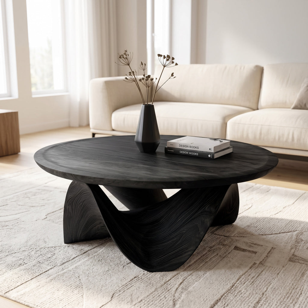 Round Solid Wood Coffee Table with Flowing Sculptural Base in Black finish