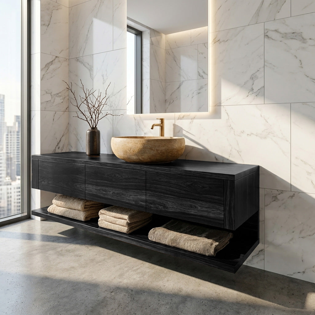 Mid-Century Solid Wood Floating Vanity with Drawers and Shelf in Black finish