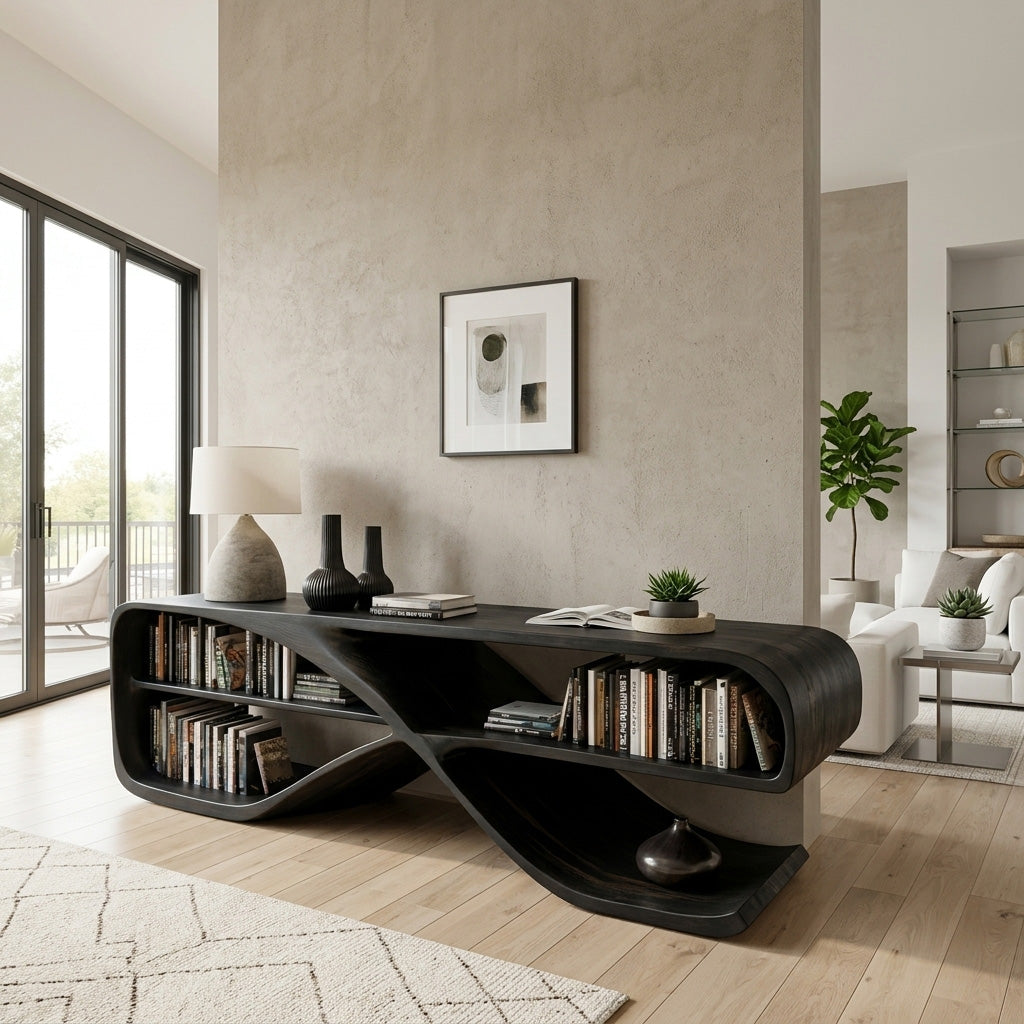 Modern Organic Wave Console Table in Solid Wood with Open Shelves in Black finish