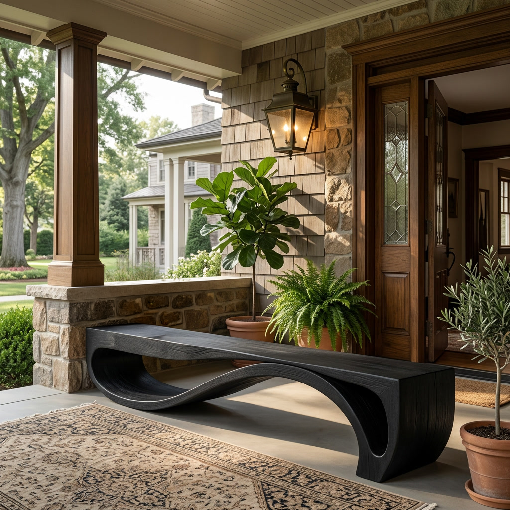 Sculptural Solid Wood Bench with Wave Base for Entryway in Black finish