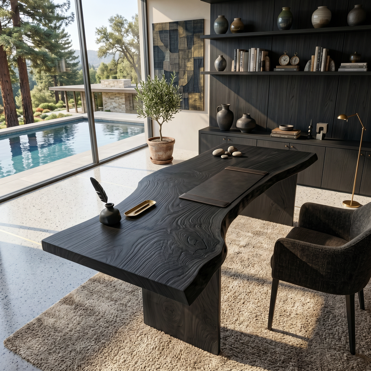 Organic Curved Live Edge Solid Wood Office Desk in Black finish