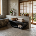 Solid Wood Organic Shower Bench with Open Towel Storage in Black finish