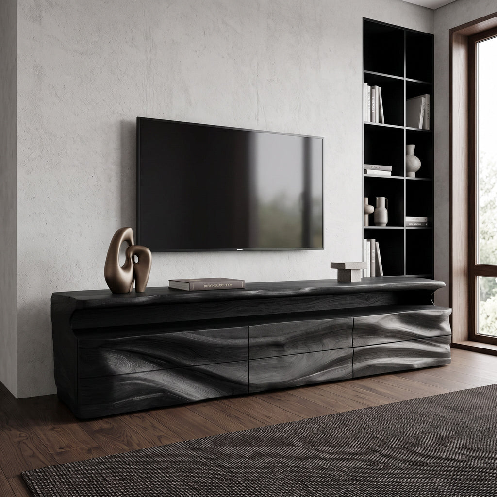 Sculptural Solid Wood TV Console with Shelf and Drawers in Black finish