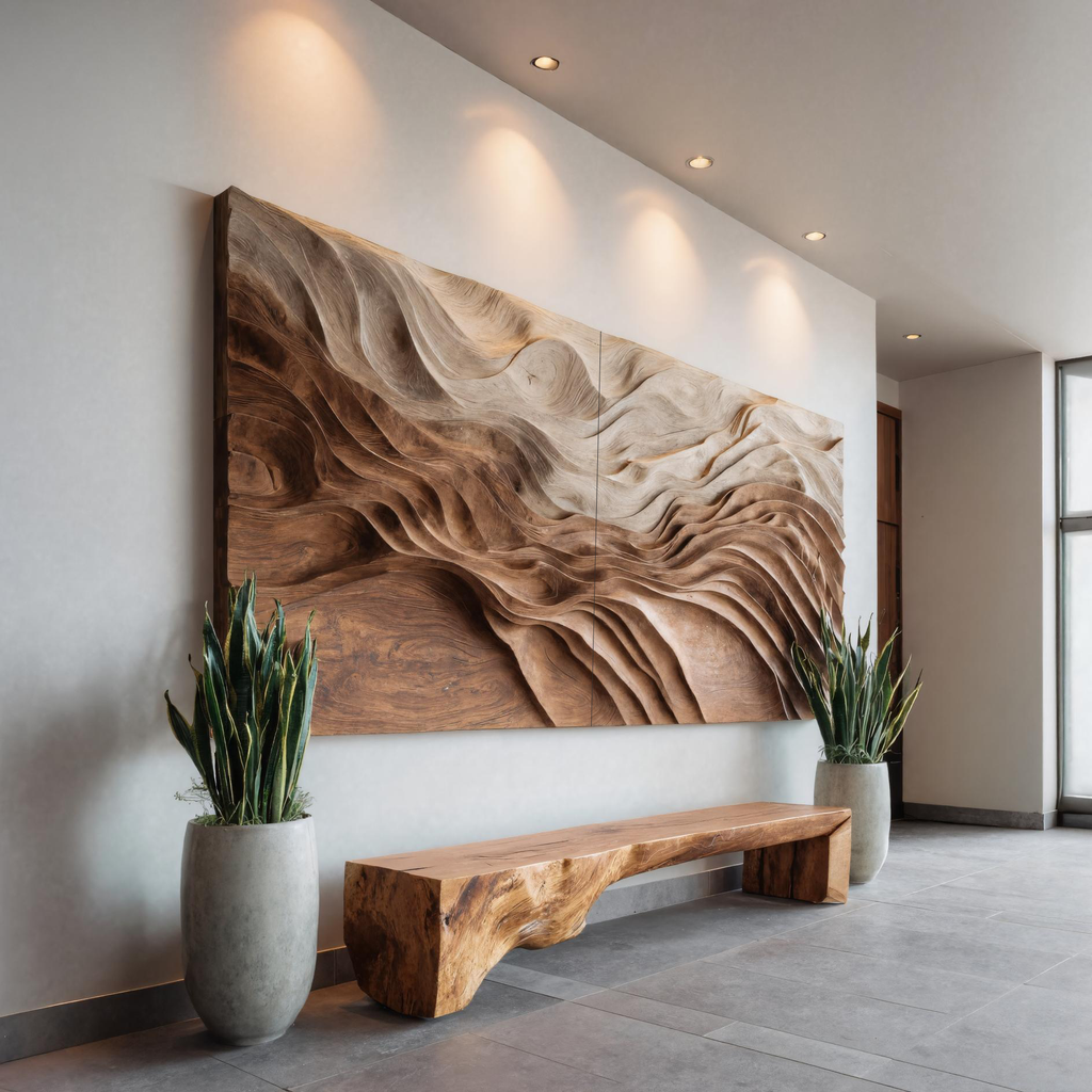 Large Sculptural Solid Wood Wall Art with Flowing Wave Design - view 2