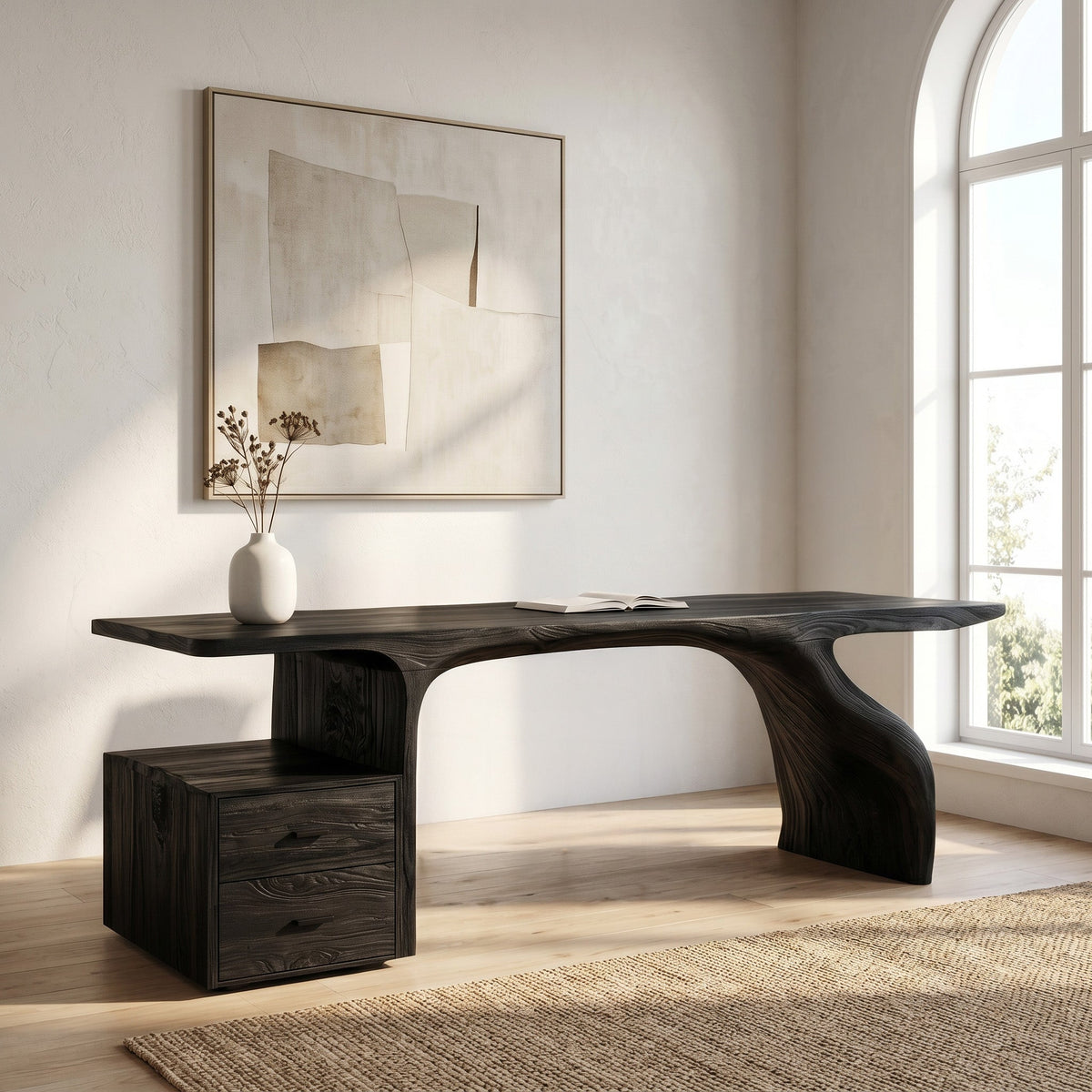Live Edge Solid Wood Waterfall Desk with Matching Drawer Unit in Black finish