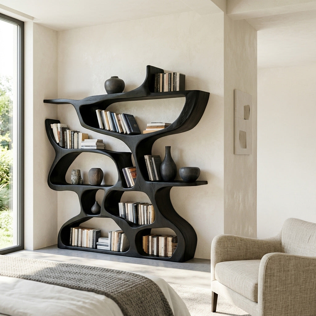 Organic Carved Solid Wood Bookshelf with Open Compartments in Black finish