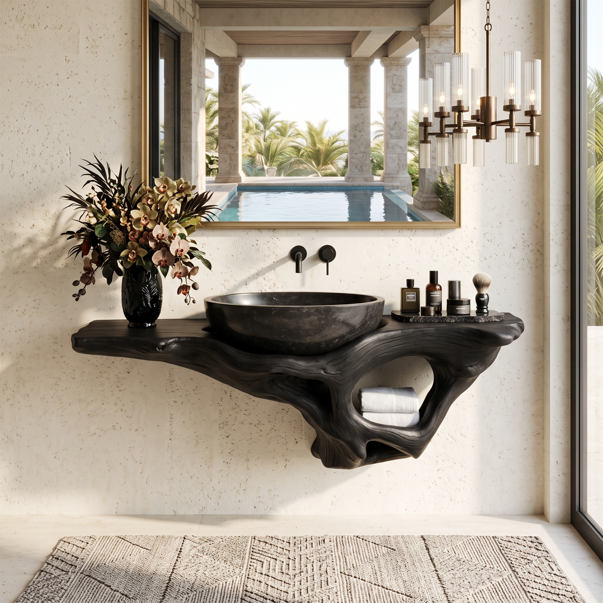Mid-Century Live Edge Solid Wood Bathroom Vanity Shelf in Black finish