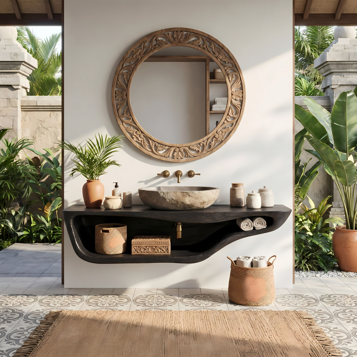 Live Edge Wood Vanity Countertop Shelf for Custom Bathrooms in Black finish