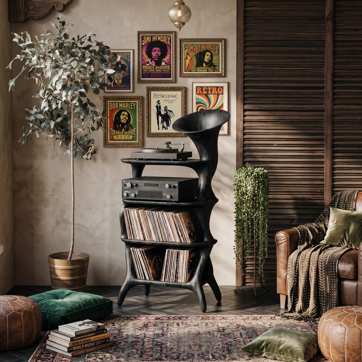 Mid-Century Solid Hardwood Vinyl Record Cabinet with Cube Profile in Black finish