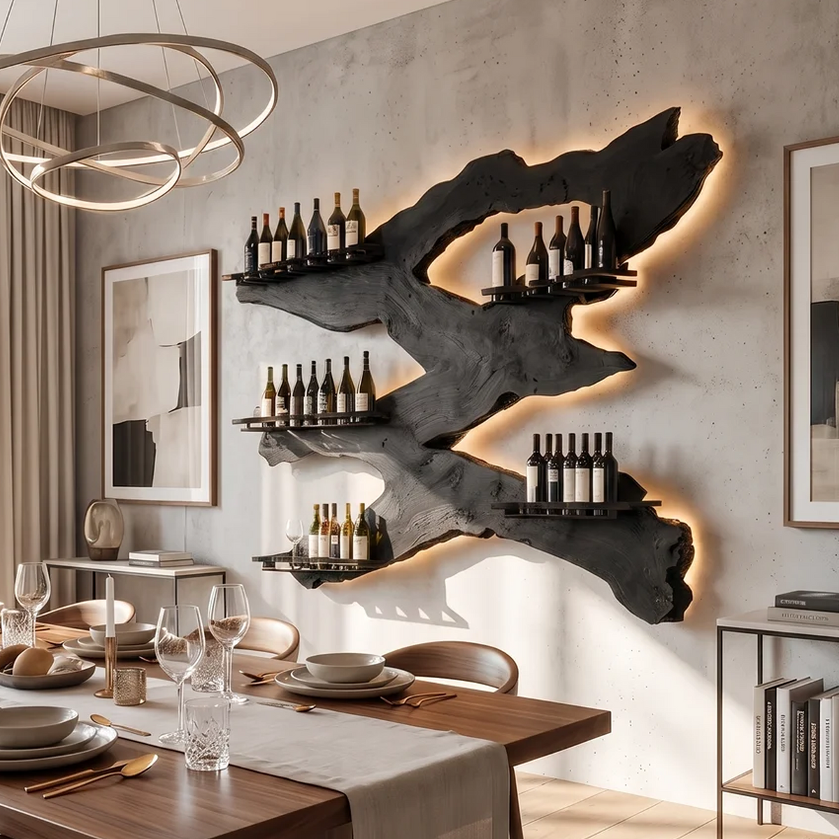 Handcrafted Monkeypod Wine Wall Rack for Kitchen and Home Bar in Black finish