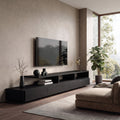 Low Solid Wood TV Console with Open Shelves and Cabinets in Black finish