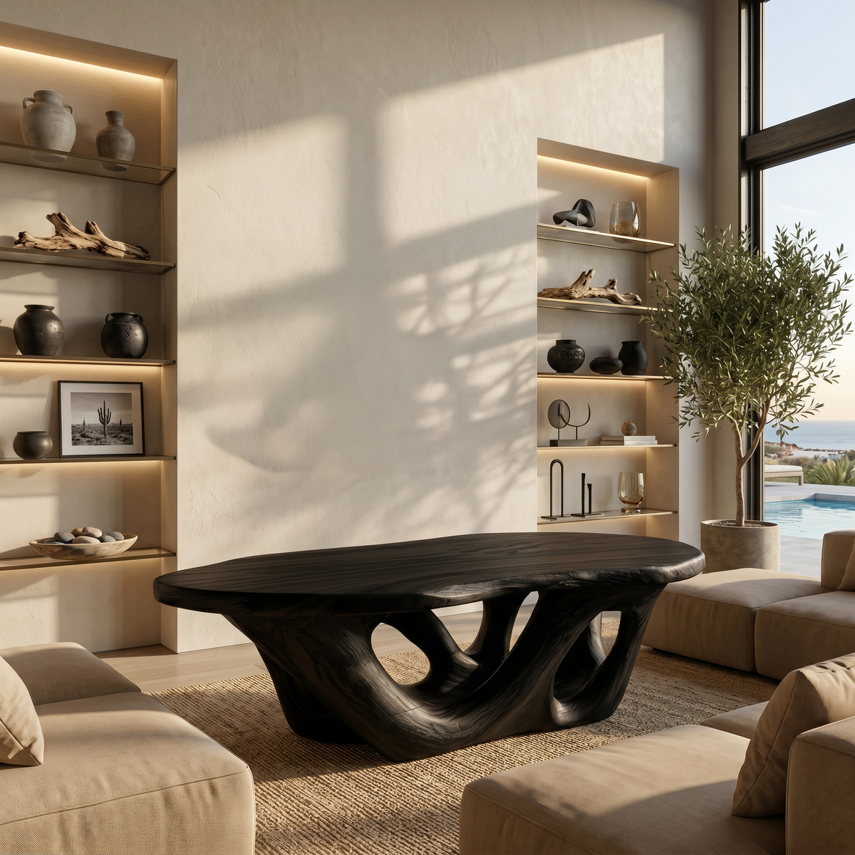 Solid Wood Sculptural Coffee Table with Open Loop Base in Black finish