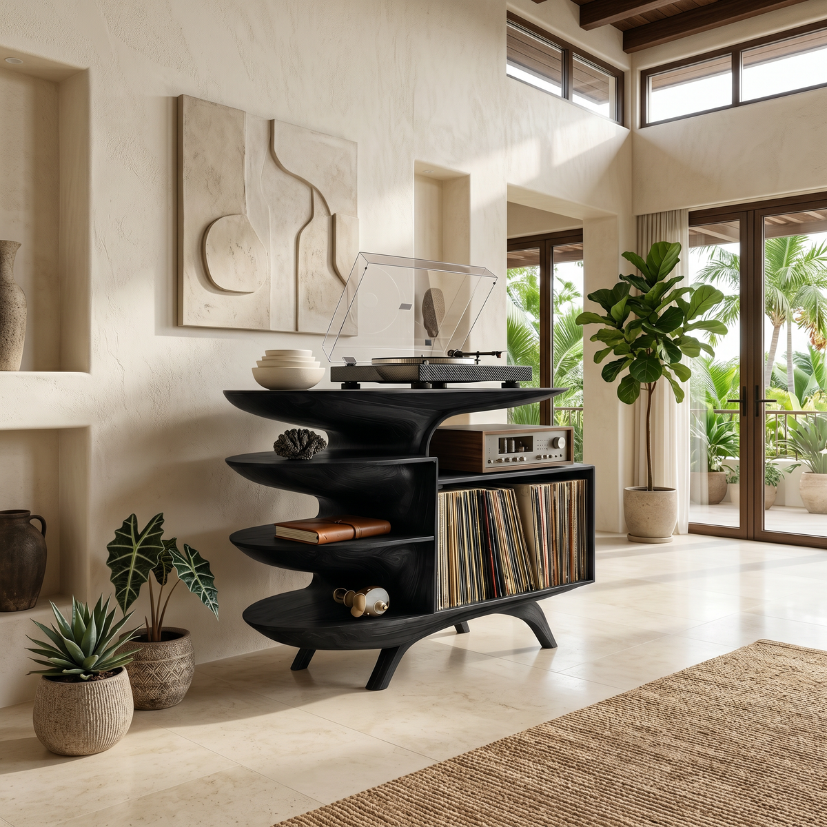 Modern Reclaimed Tamarind Wood Record Player Stand for Bedroom in Black finish