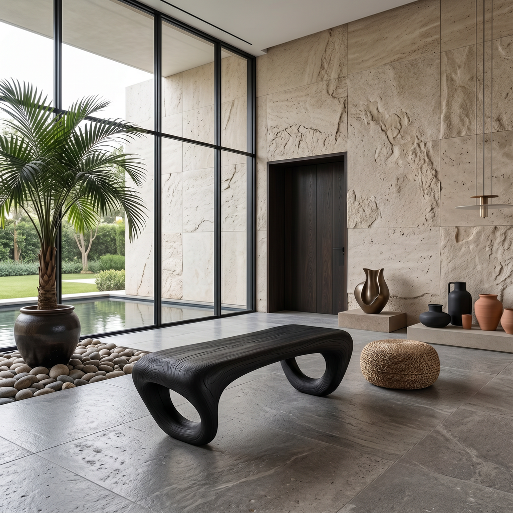 Solid Wood Sculptural Outdoor Bench with Hollow Curved Form in Black finish