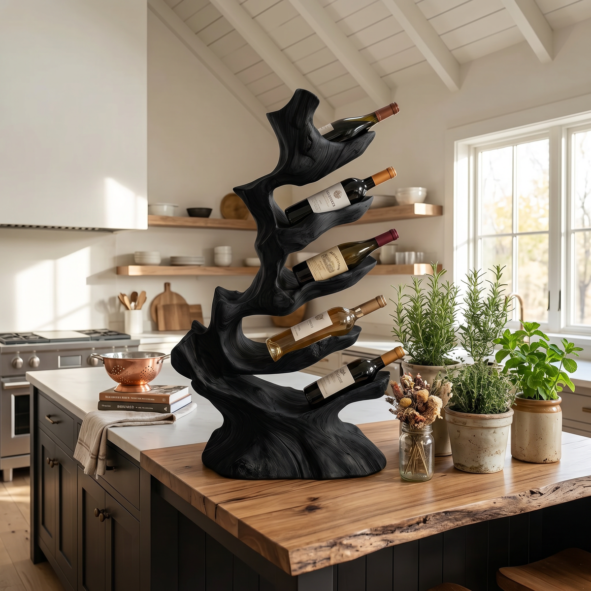 Freestanding Monkeypod Wood Wine Stand for Counter or Floor in Black finish